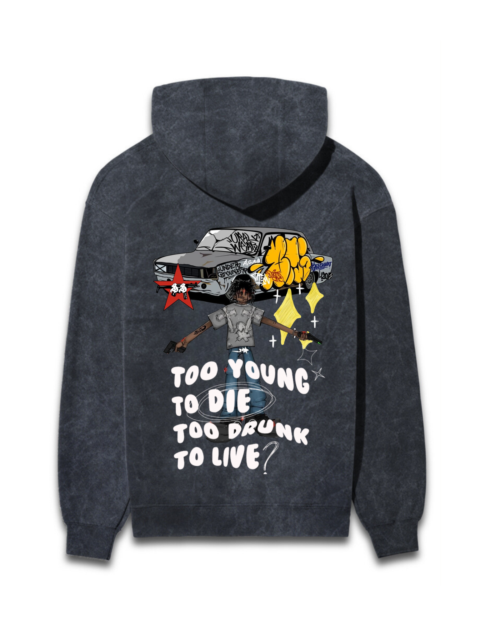 “TOO YOUNG” ACID WASHED HOODIE - Amessio