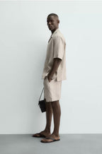 Relaxed Camp Collar Linen Shirt | Stone Beige
